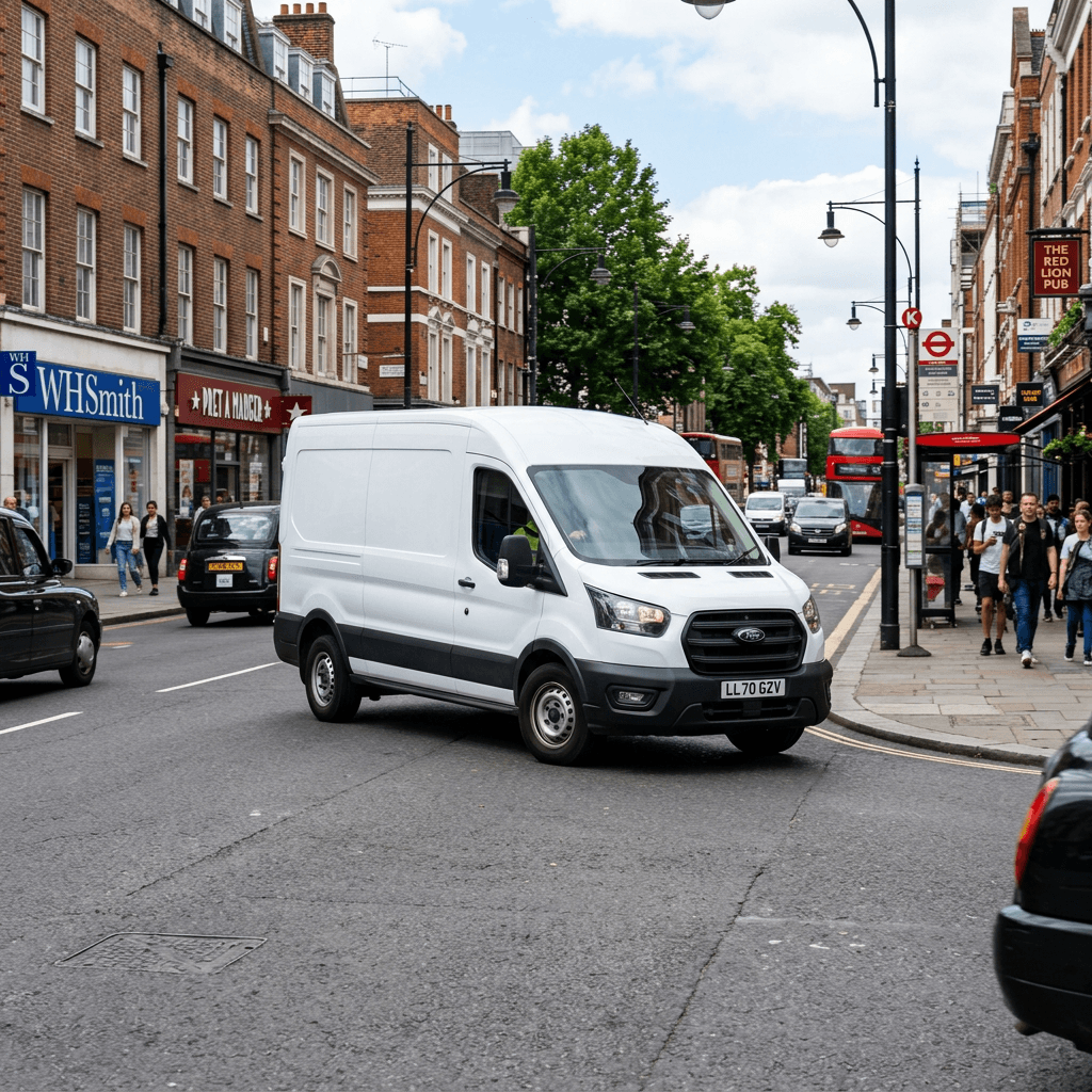 White delivery van driving on a busy London street near WHSmith and Pret A Manger stores