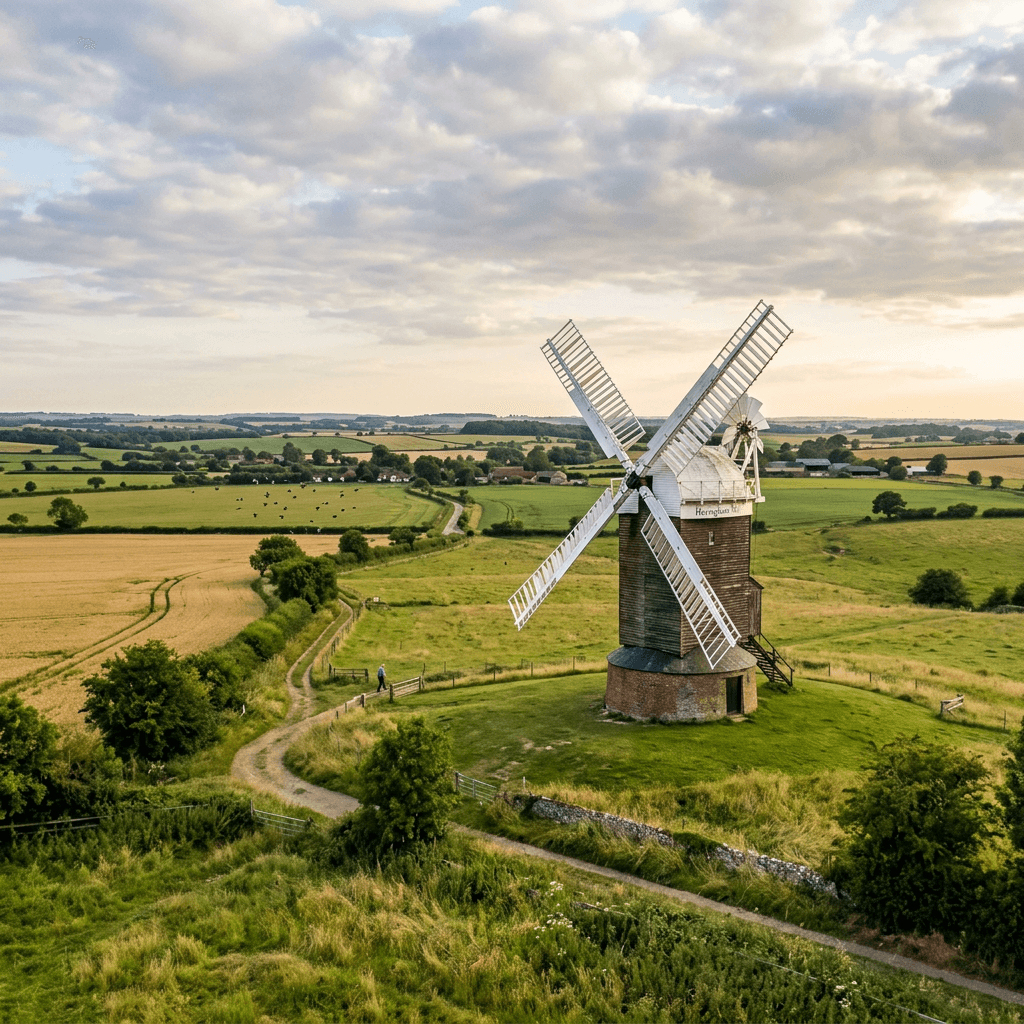 Traditional windmill with white sails in a lush green rural landscape
